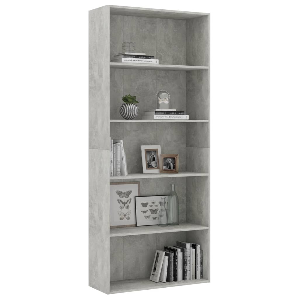 Bücherregal 5 Fächer Betongrau 80x30x189 cm Holzwerkstoff