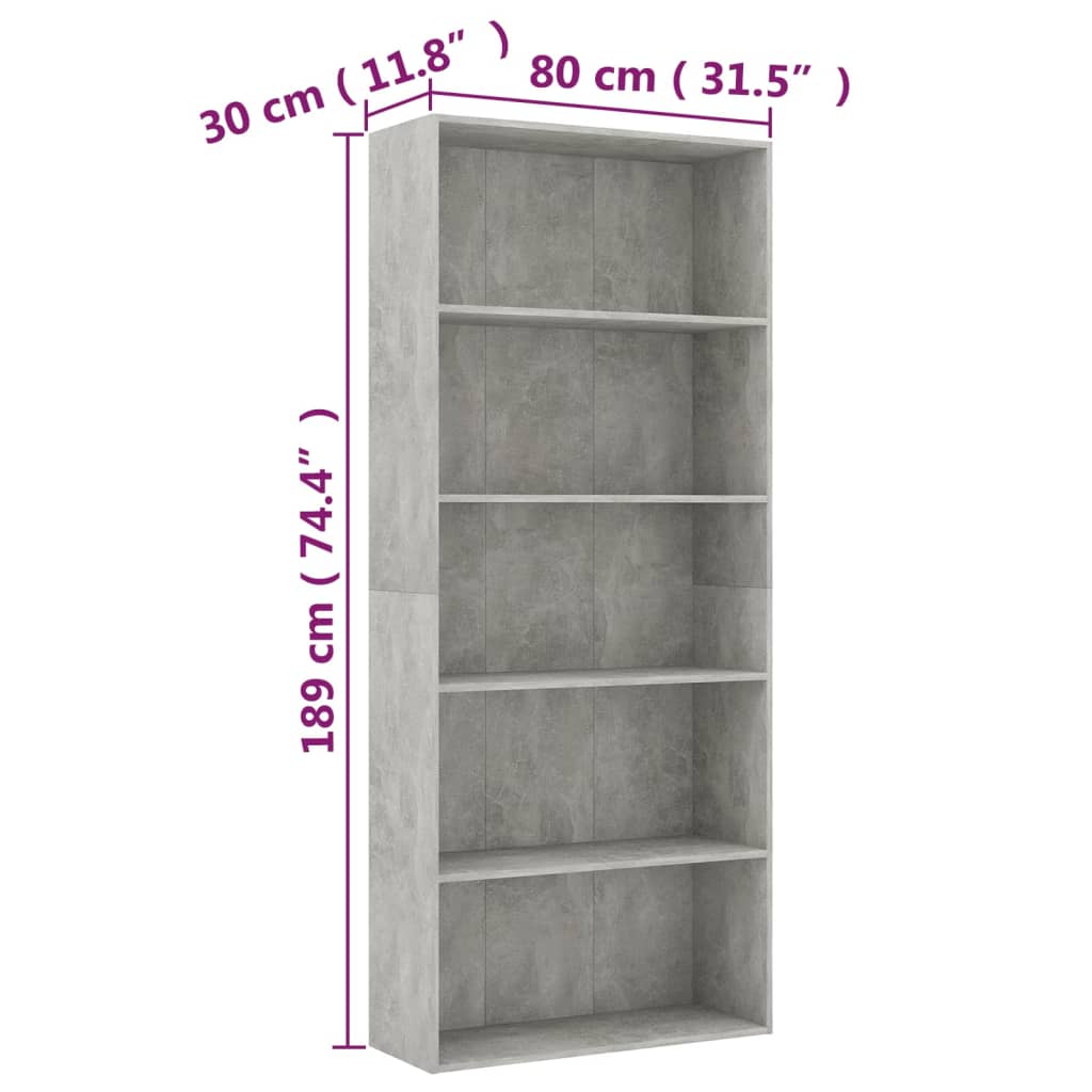 Bookcase 5 compartments concrete grey 80x30x189 cm wood material