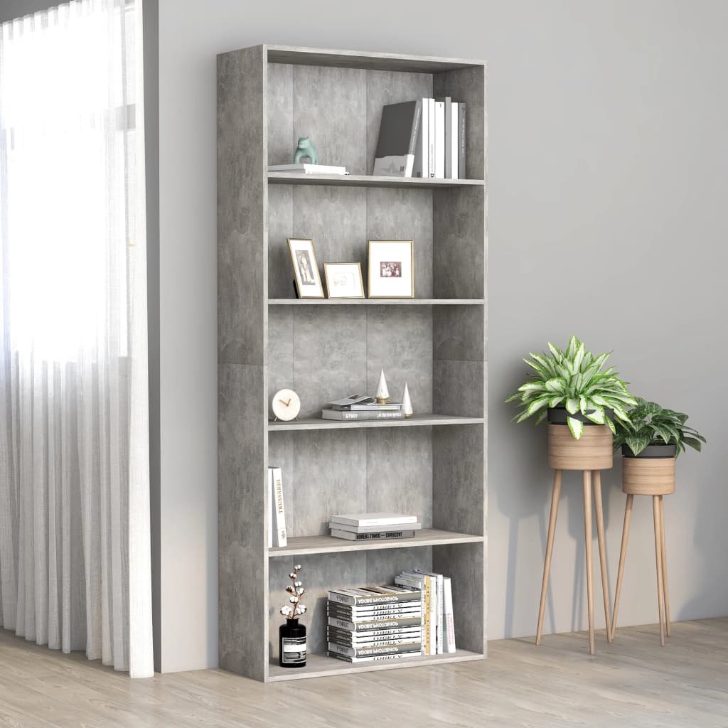 Bookcase 5 compartments concrete grey 80x30x189 cm wood material