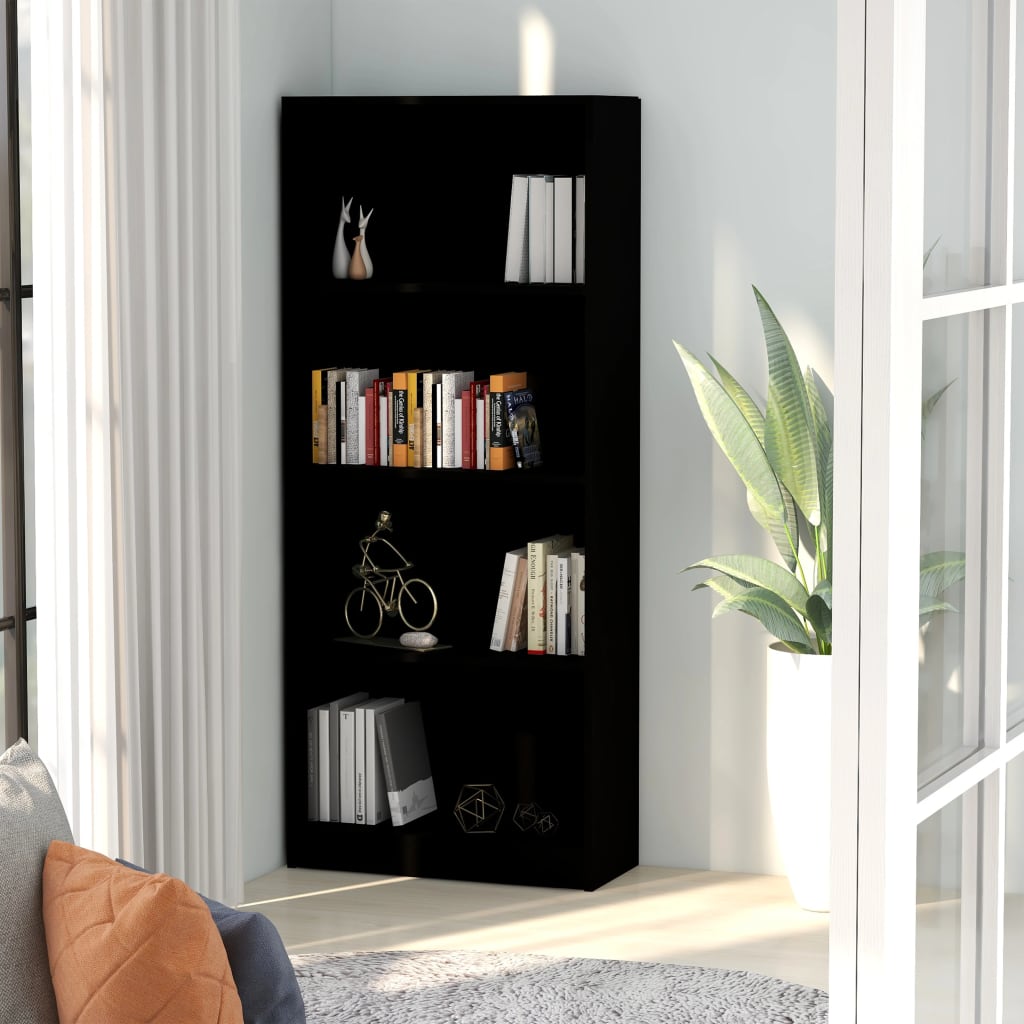 Bookcase 4 Compartments Black 60x24x142 cm Wood Material