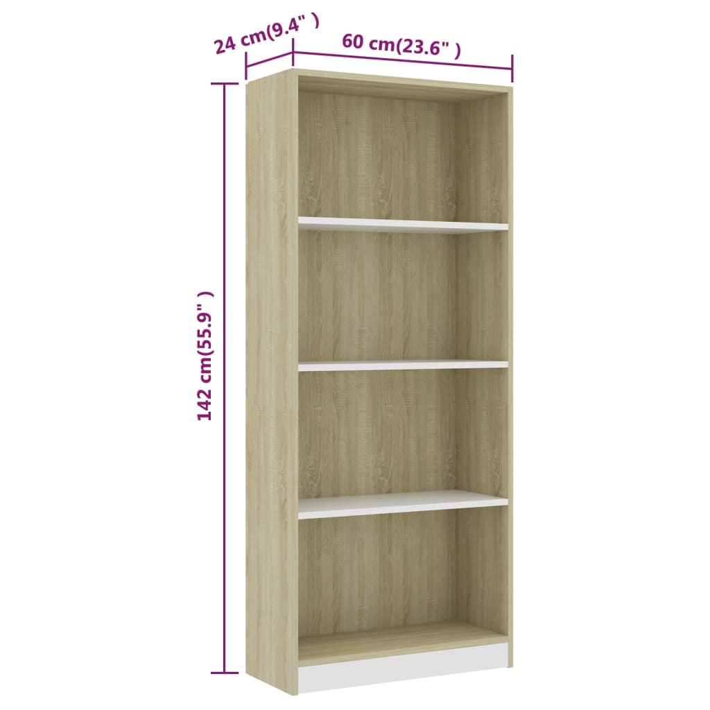 Bookcase 4 Compartments White Sonoma Oak 60x24x142 Wood Material