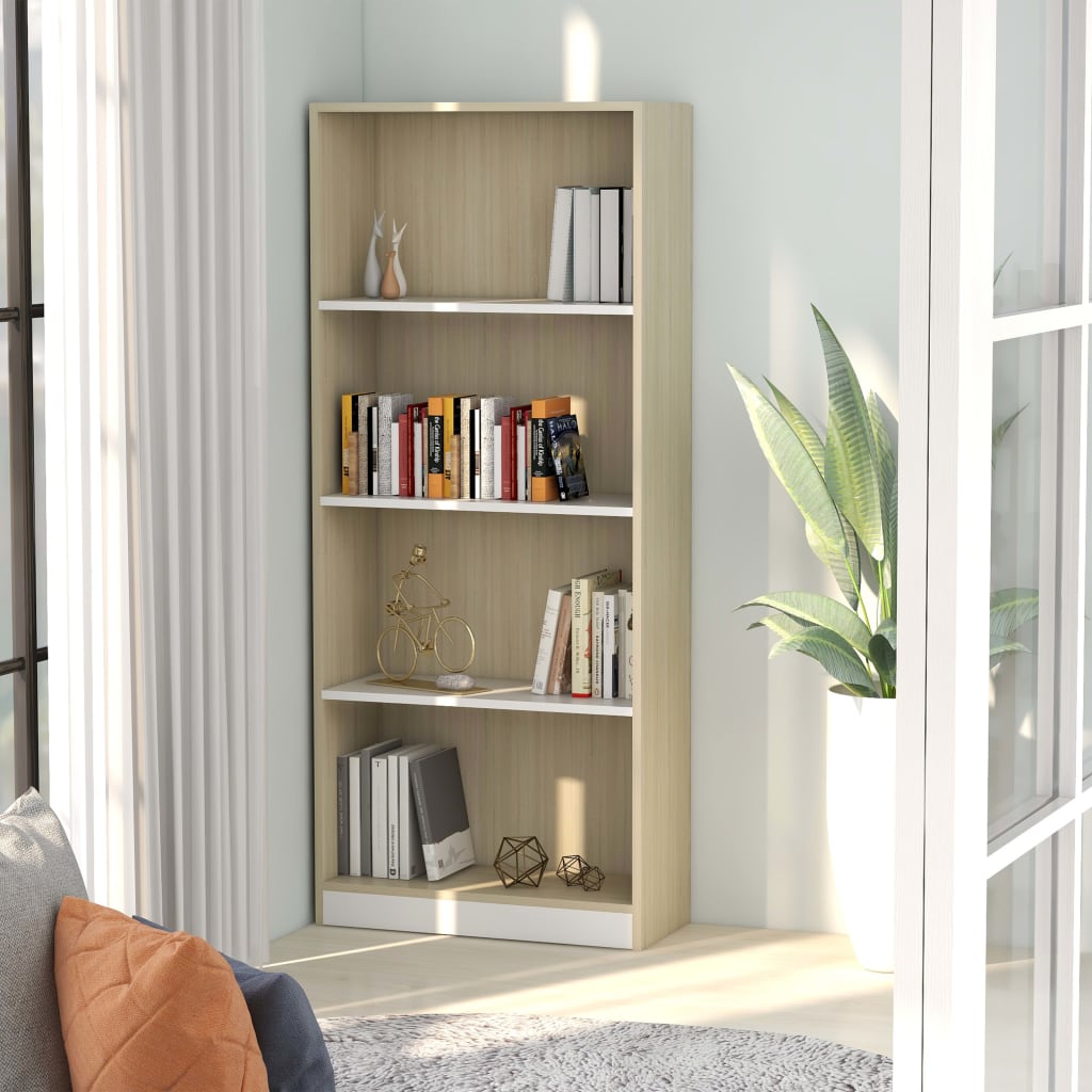 Bookcase 4 Compartments White Sonoma Oak 60x24x142 Wood Material