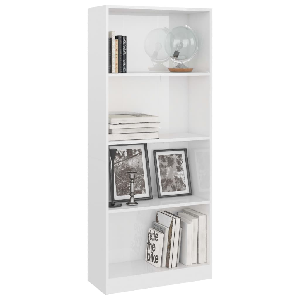 Bookcase 4 compartments high gloss white 60x24x142 cm wood material