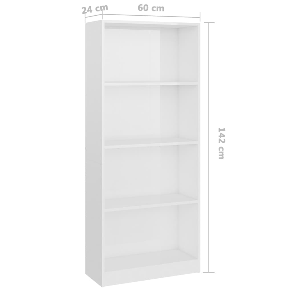 Bookcase 4 compartments high gloss white 60x24x142 cm wood material