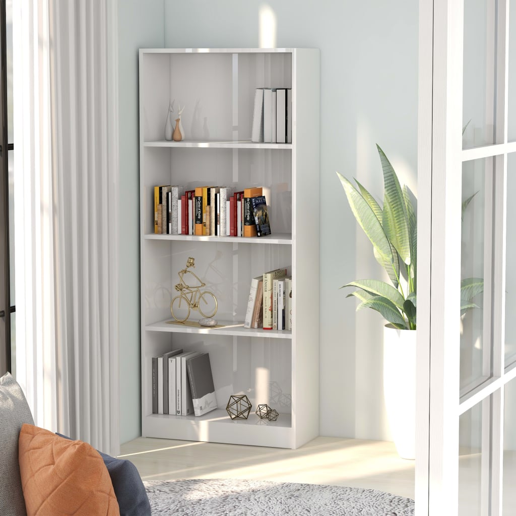 Bookcase 4 compartments high gloss white 60x24x142 cm wood material