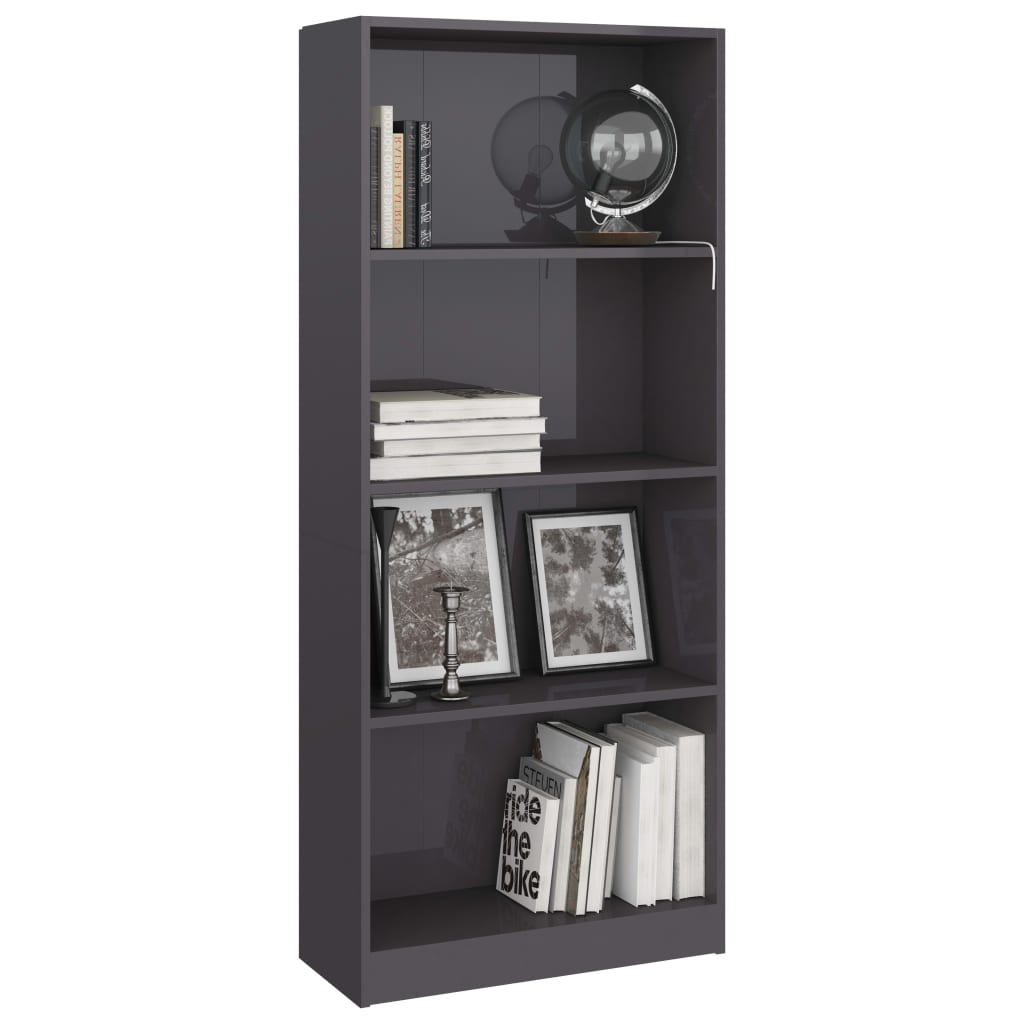 Bookcase 4 compartments high gloss grey 60x24x142 cm wood material