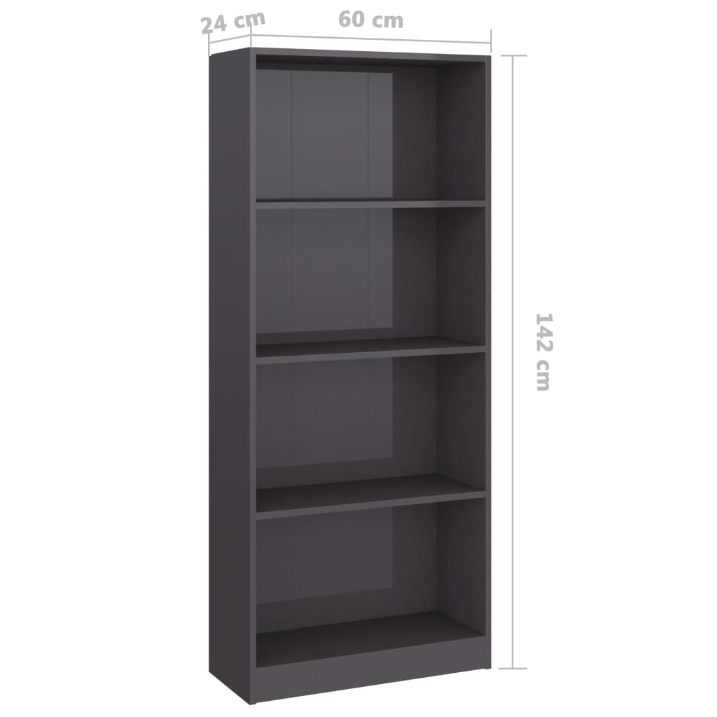 Bookcase 4 compartments high gloss grey 60x24x142 cm wood material