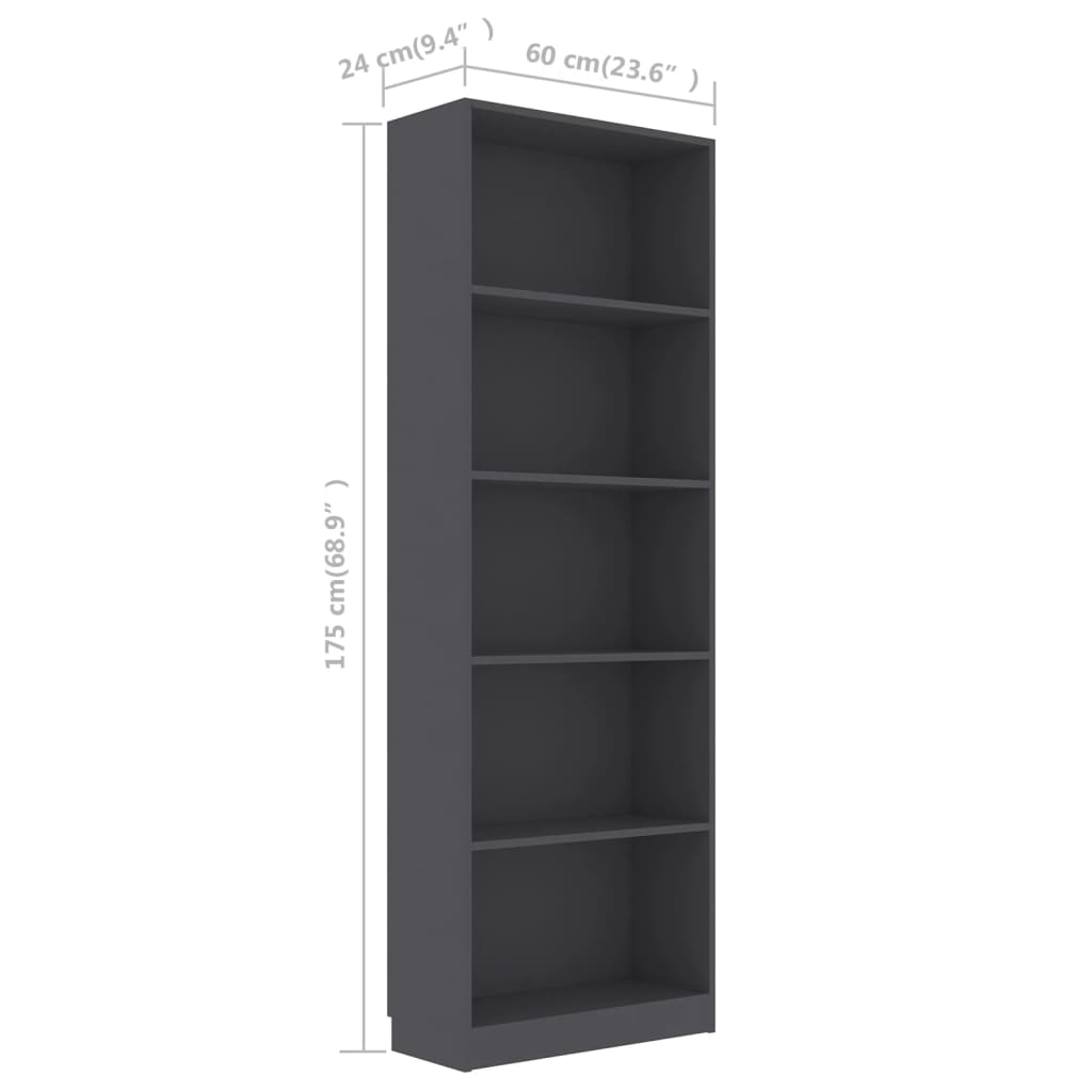 Bücherregal 5 Fächer Grau 60x24x175 cm Holzwerkstoff