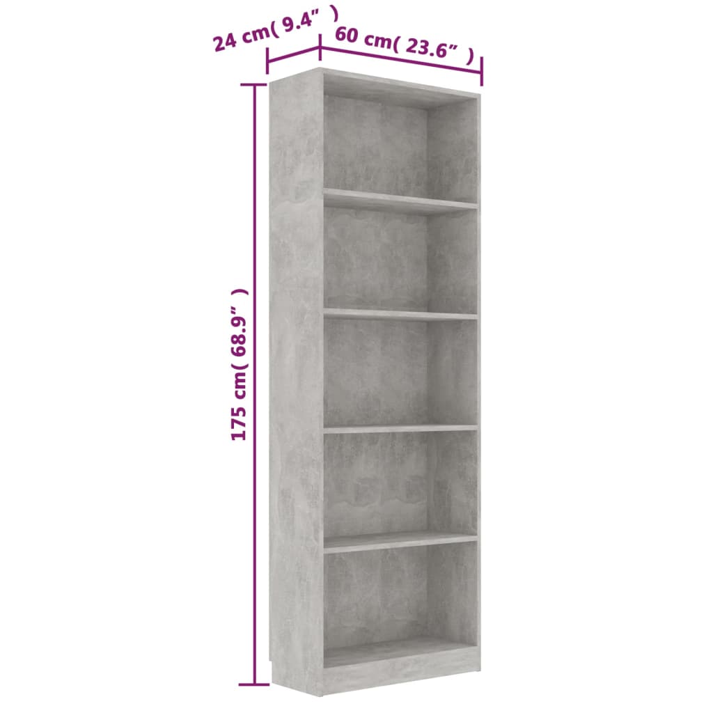 Bookcase 5 compartments concrete grey 60x24x175 cm wood material