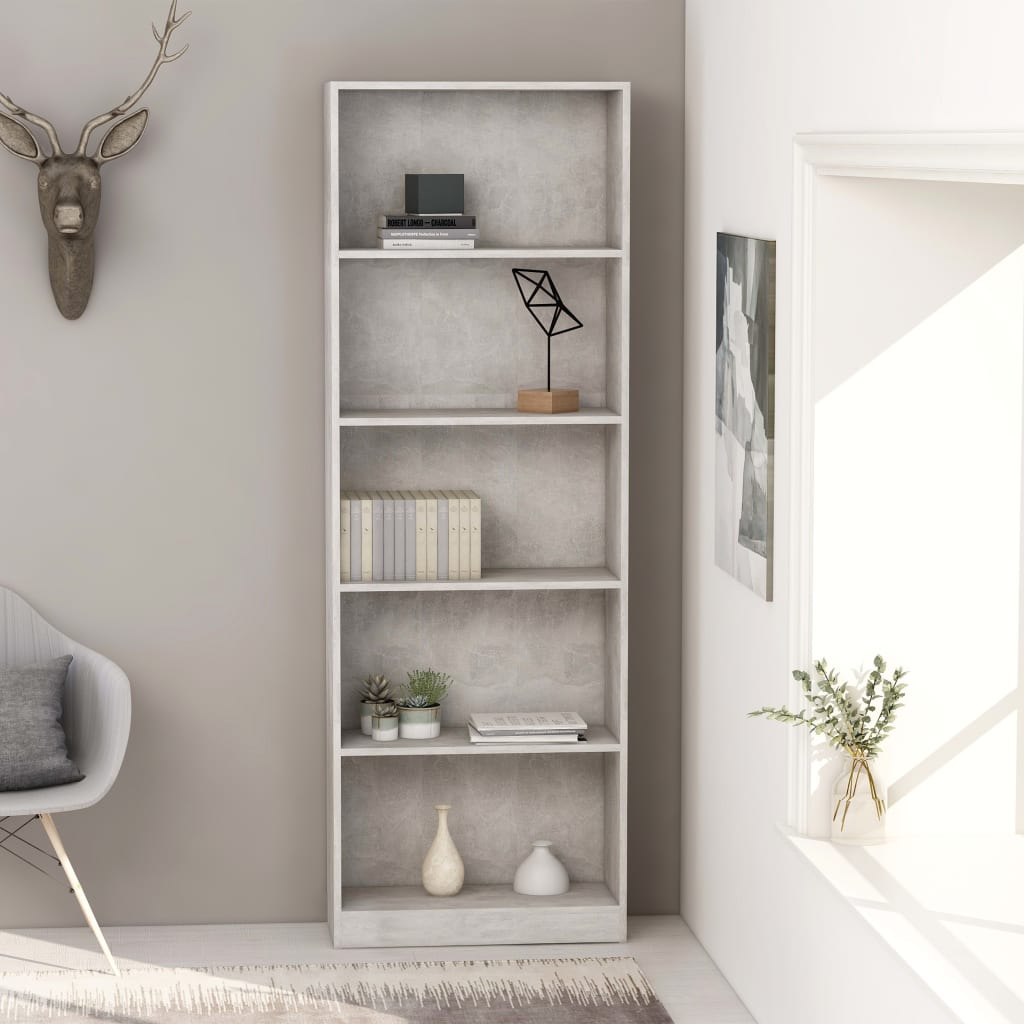 Bookcase 5 compartments concrete grey 60x24x175 cm wood material