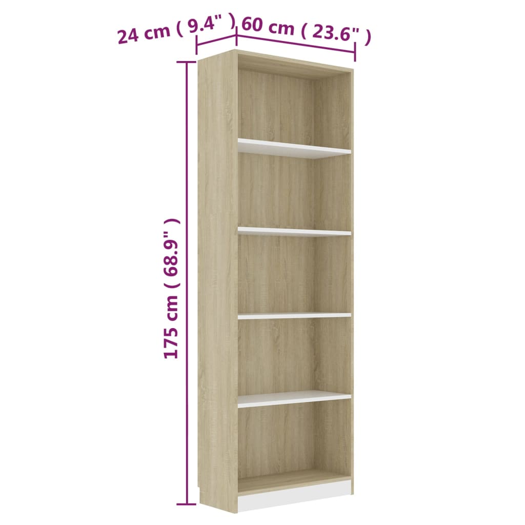 Bookcase 5 Compartments White Sonoma Oak 60x24x175 Wood Material