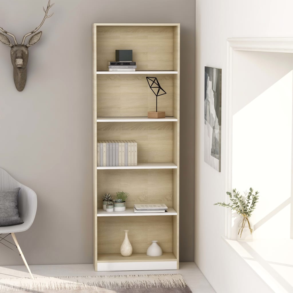 Bücherregal 5 Fächer Weiß Sonoma-Eiche 60x24x175 Holzwerkstoff