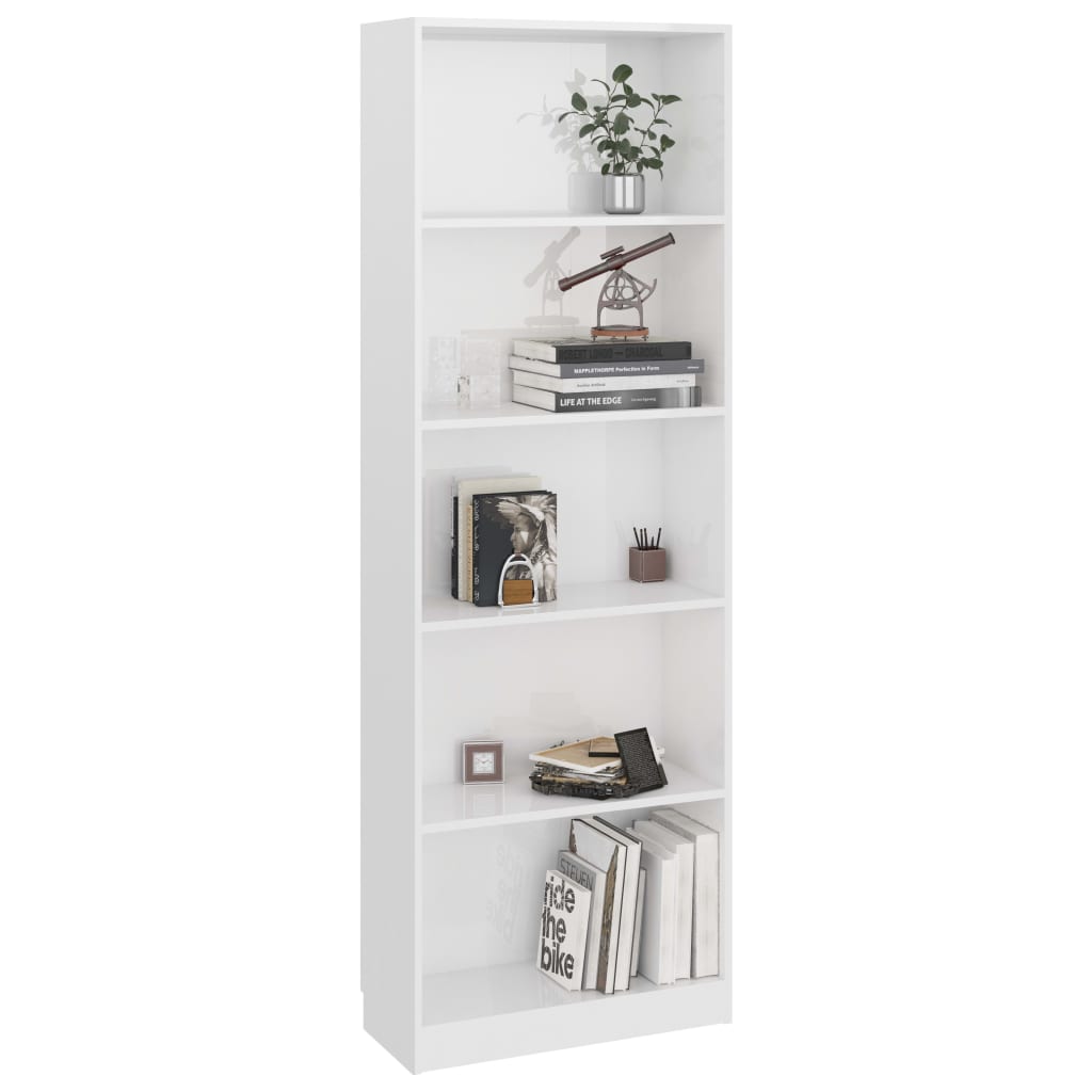 Bookcase 5 compartments high gloss white 60x24x175 cm wood material