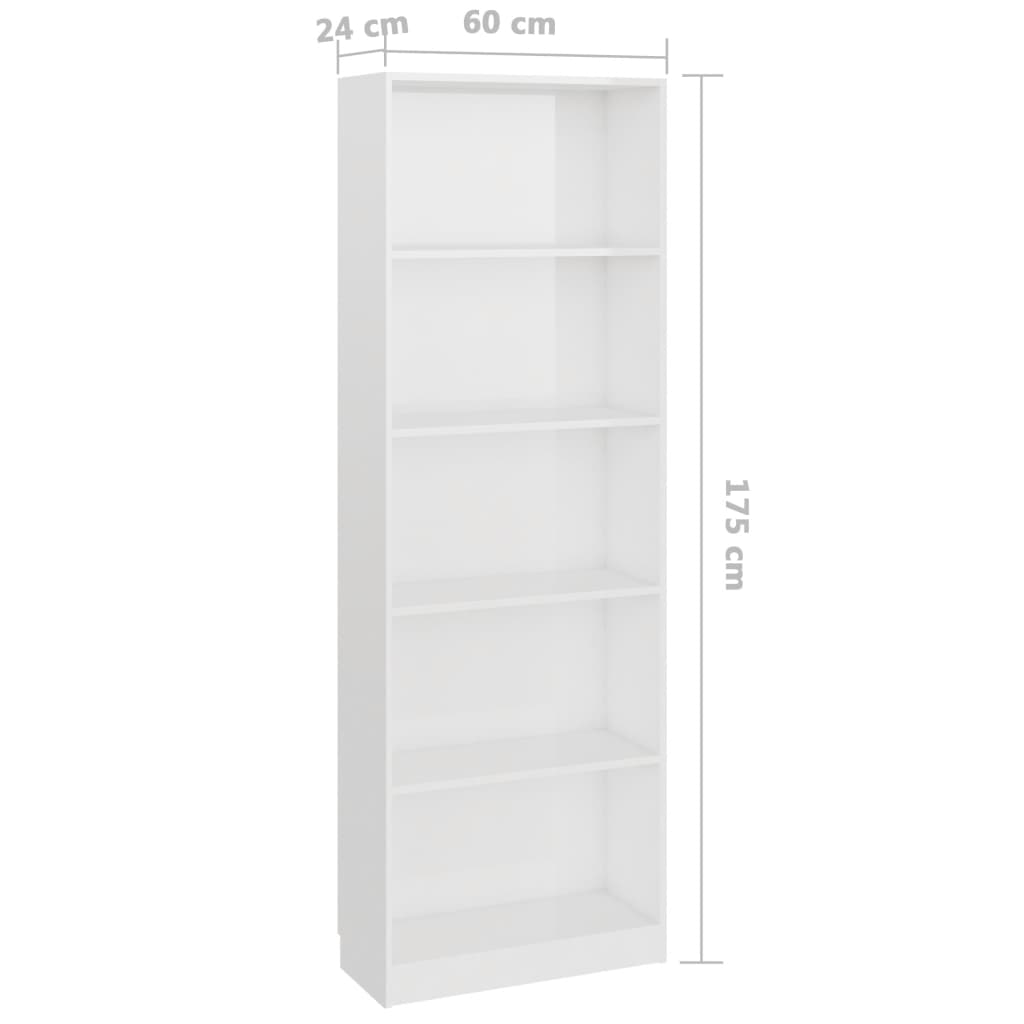 Bookcase 5 compartments high gloss white 60x24x175 cm wood material