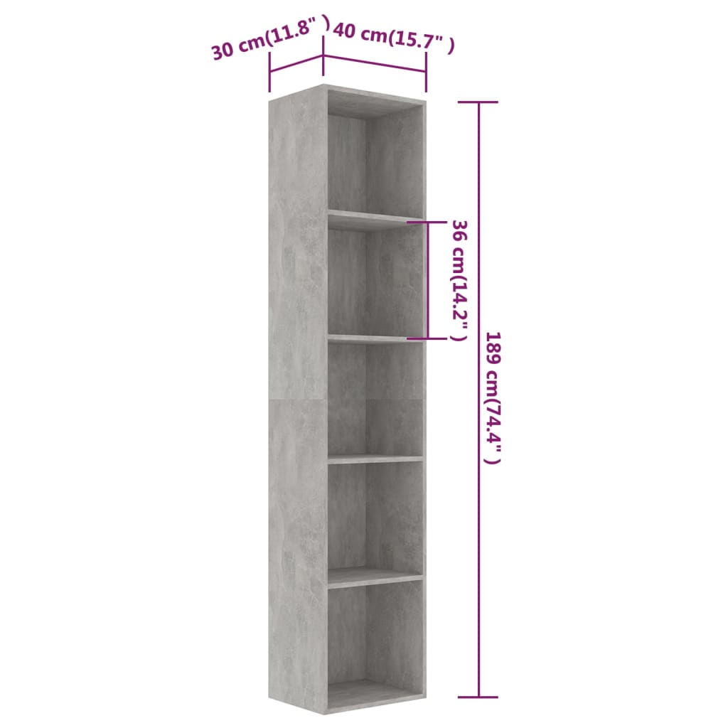 Bookshelf Concrete Grey 40x30x189 cm Wood Material