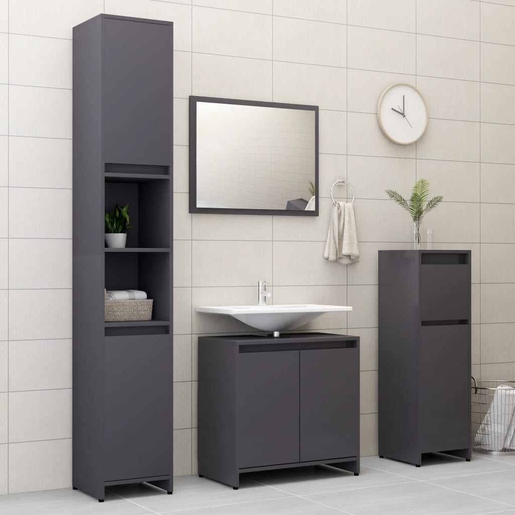 Bathroom Cabinet High Gloss Grey 30x30x95 cm Wood Material