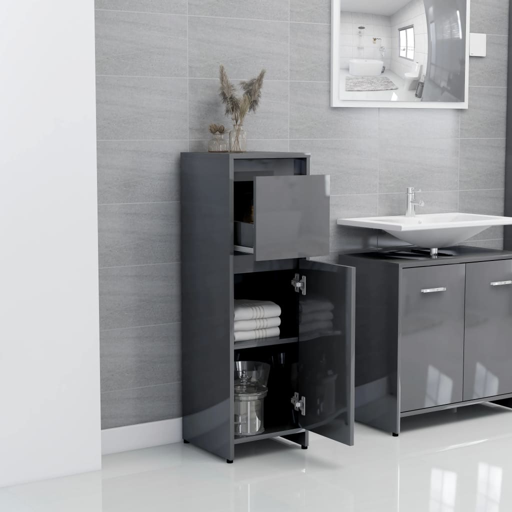 Bathroom Cabinet High Gloss Grey 30x30x95 cm Wood Material