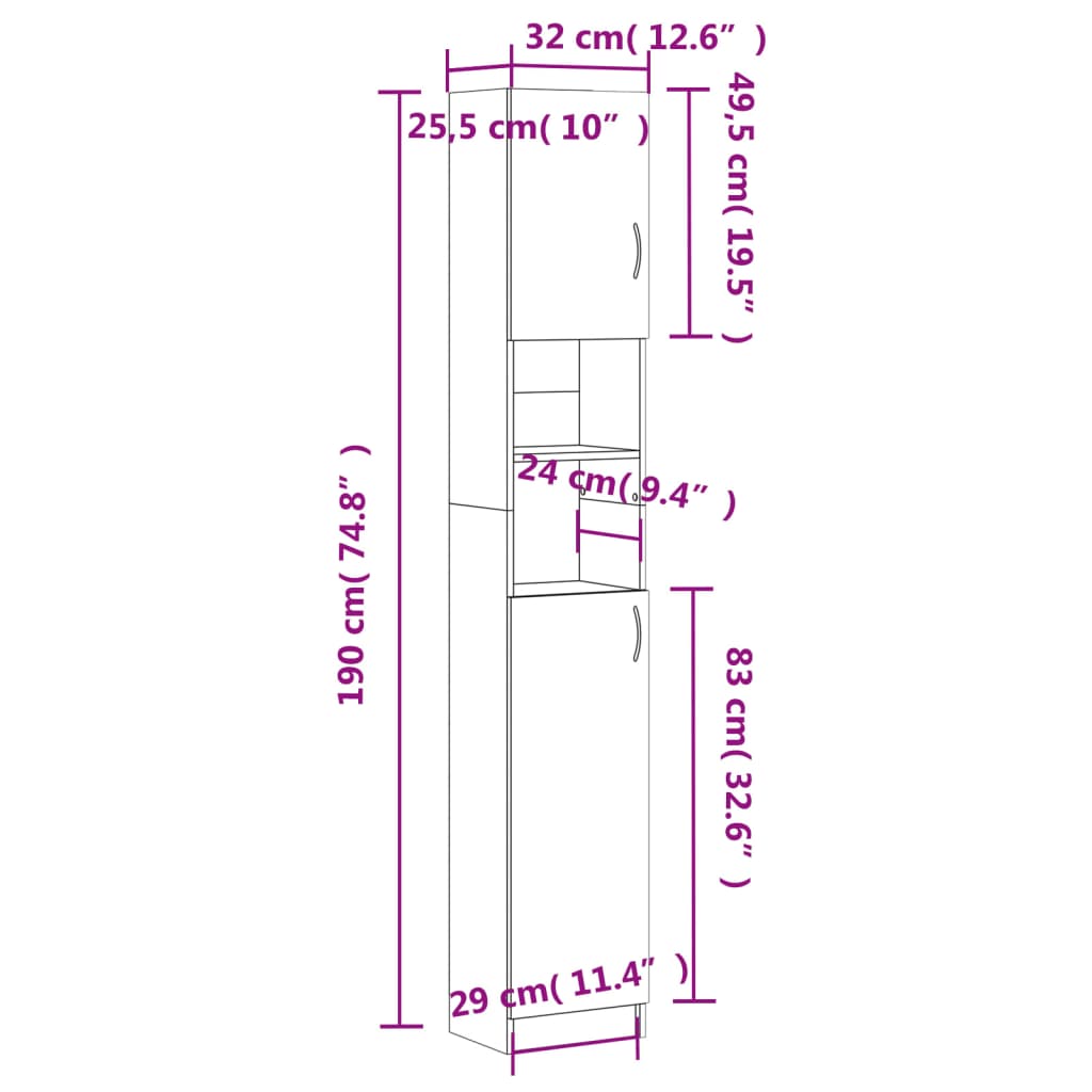 Bathroom Cabinet Grey 32x25.5x190 cm Wood Material