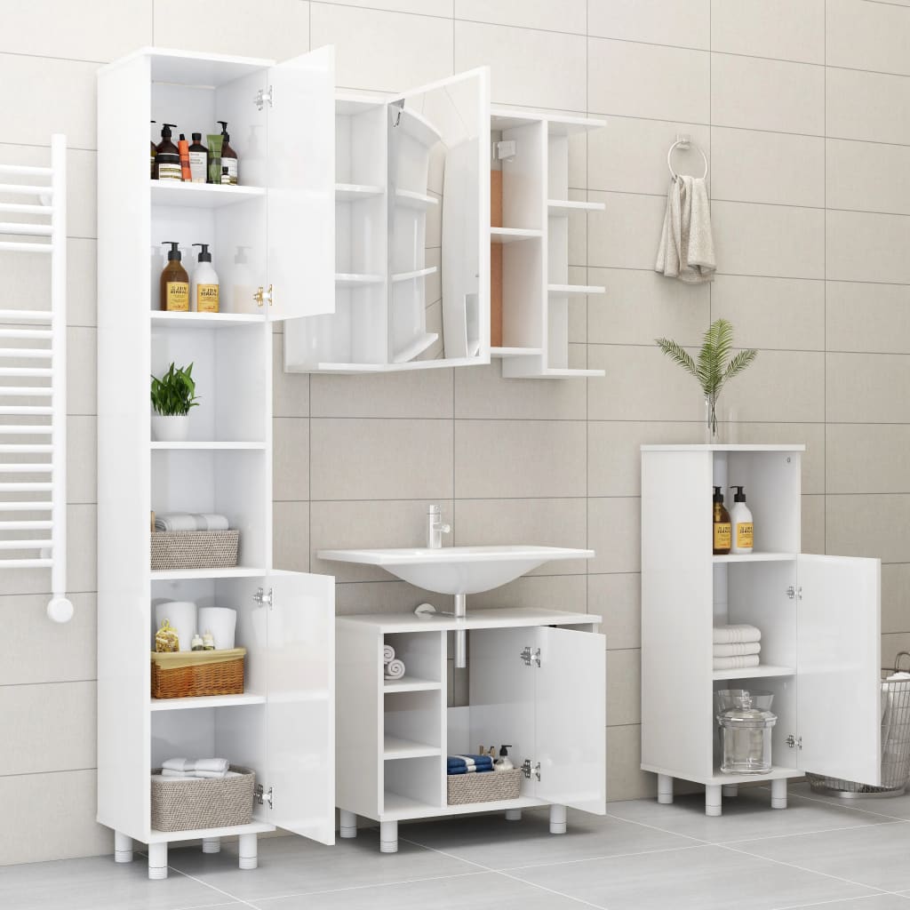 Bathroom Cabinet High Gloss White 30x30x95 cm Wood Material