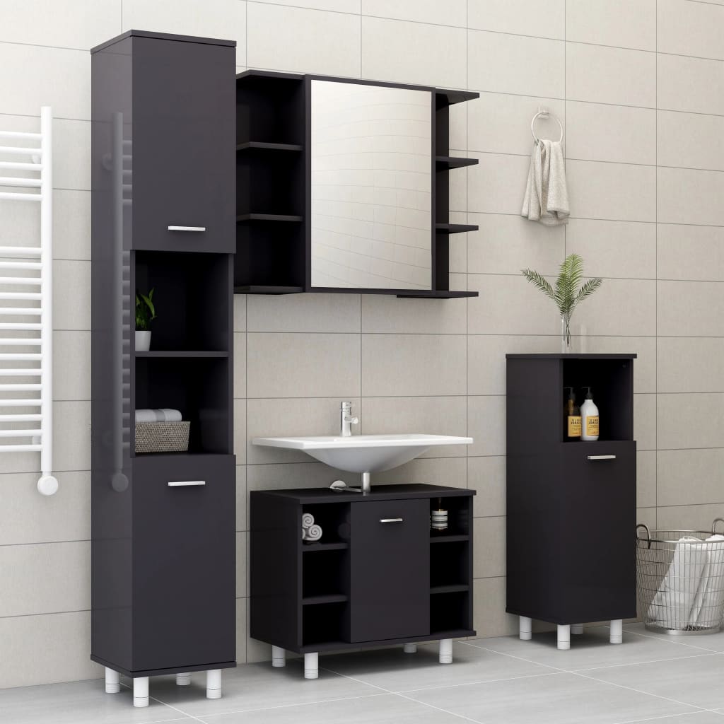 Bathroom Cabinet High Gloss Grey 30x30x95 cm Wood Material