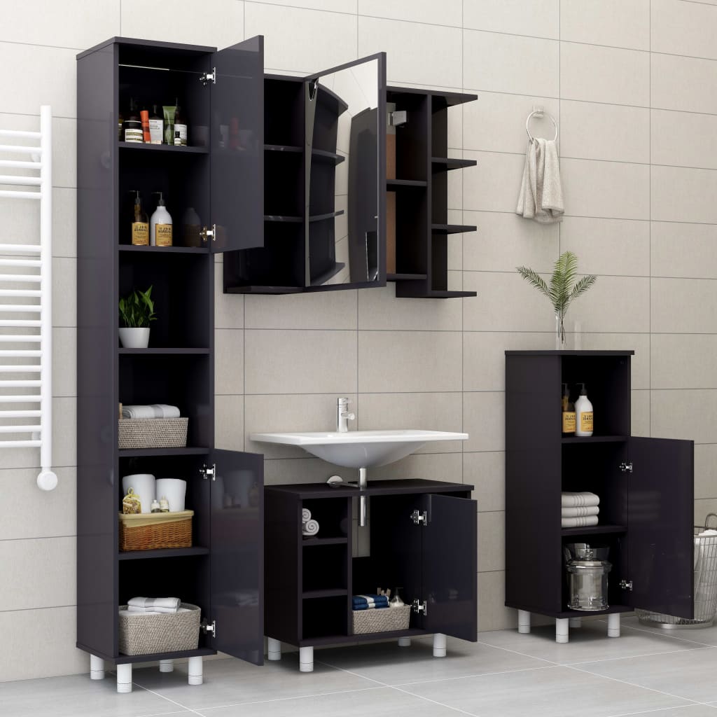 Bathroom Cabinet High Gloss Grey 30x30x95 cm Wood Material