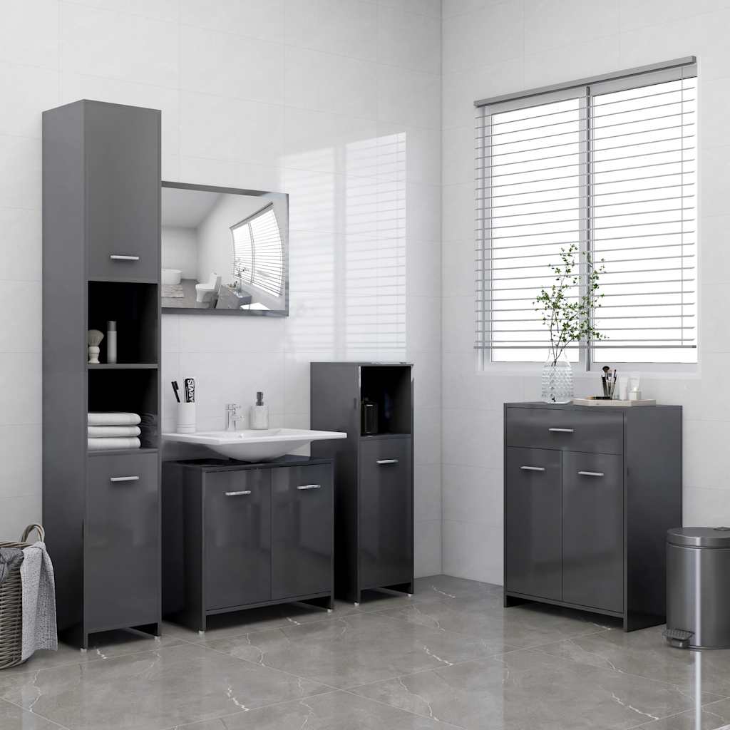 Bathroom Cabinet High Gloss Grey 60x33x80 cm Wood Material