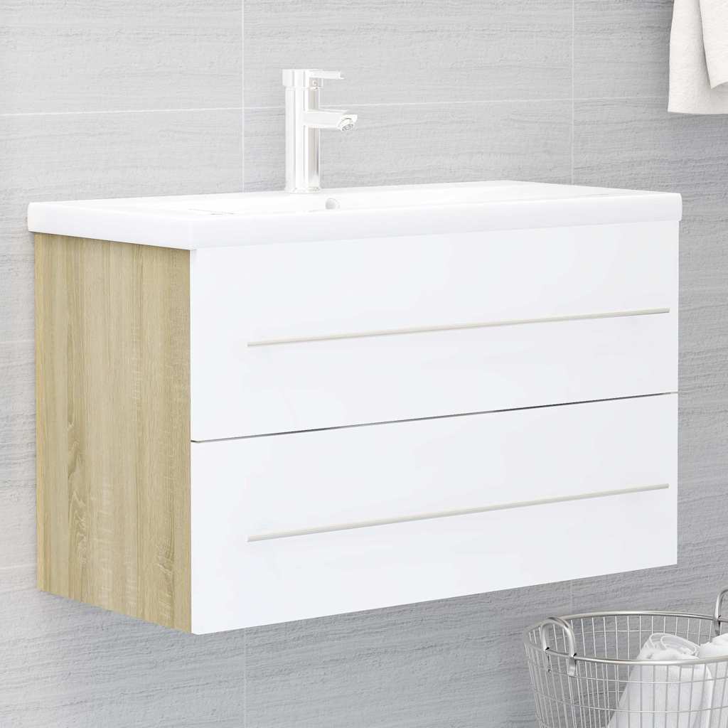 2-piece bathroom furniture set white and Sonoma oak wood material