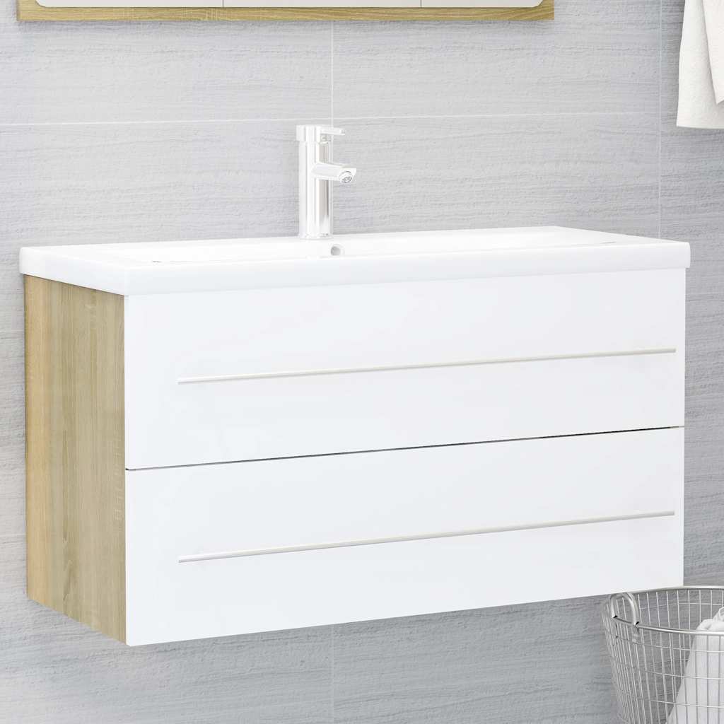 2-piece bathroom furniture set white and Sonoma oak wood material