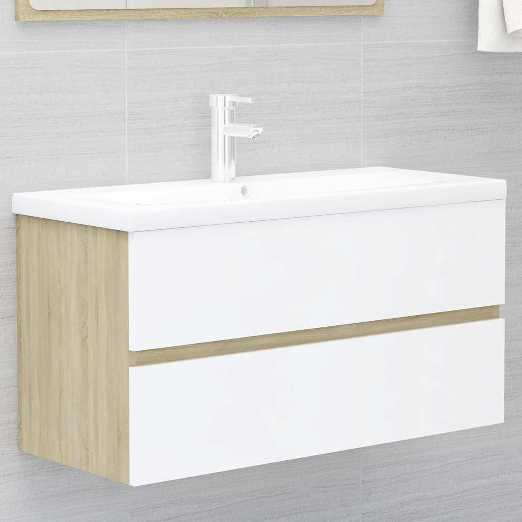 2-piece bathroom furniture set white and Sonoma oak wood material