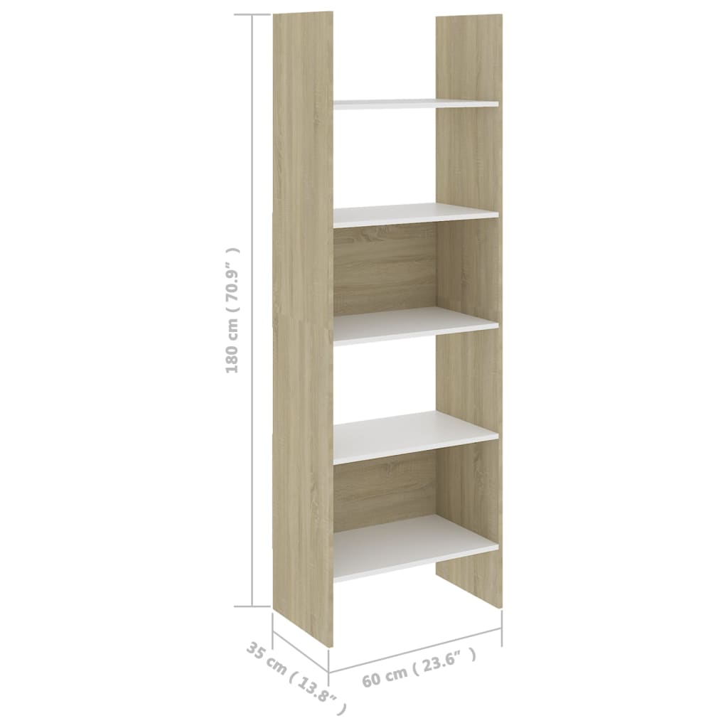 Bookcase White and Sonoma Oak 60x35x180 cm Wood Material