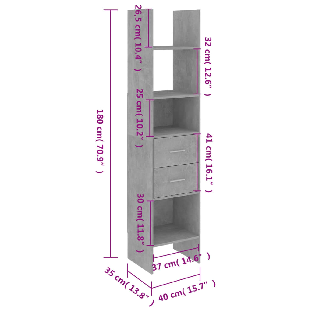 Bookshelf Concrete Grey 40x35x180 cm Wood Material