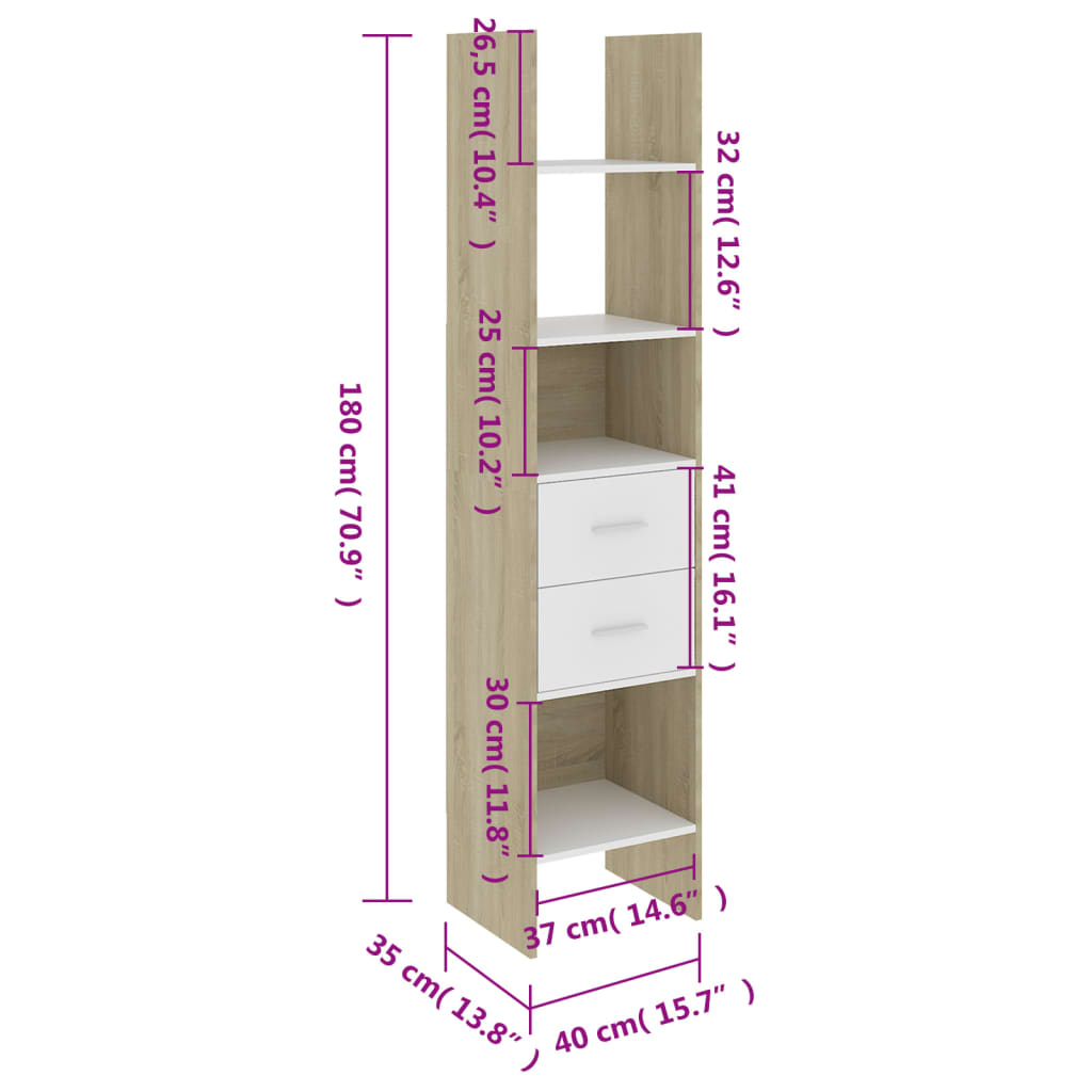 Bookshelf White Sonoma Oak 40x35x180 cm Wood Material