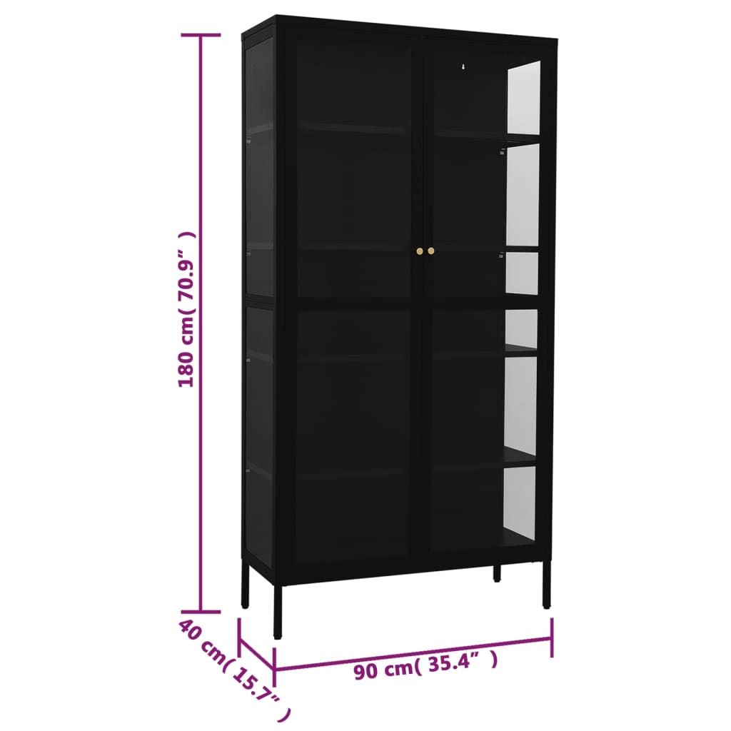 Vitrine Schwarz 90x40x180 cm Stahl und Gehärtetes Glas