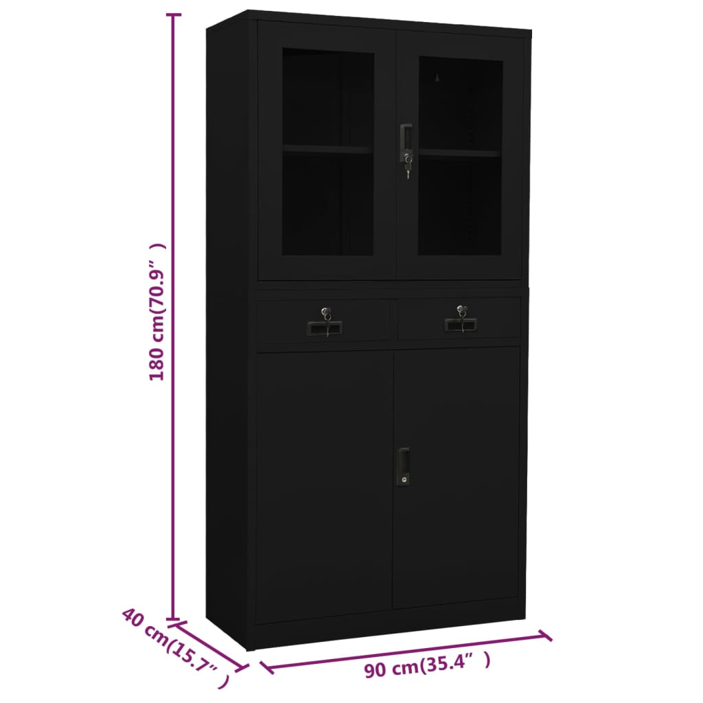 Büroschrank Schwarz 90x40x180 cm Stahl und Hartglas