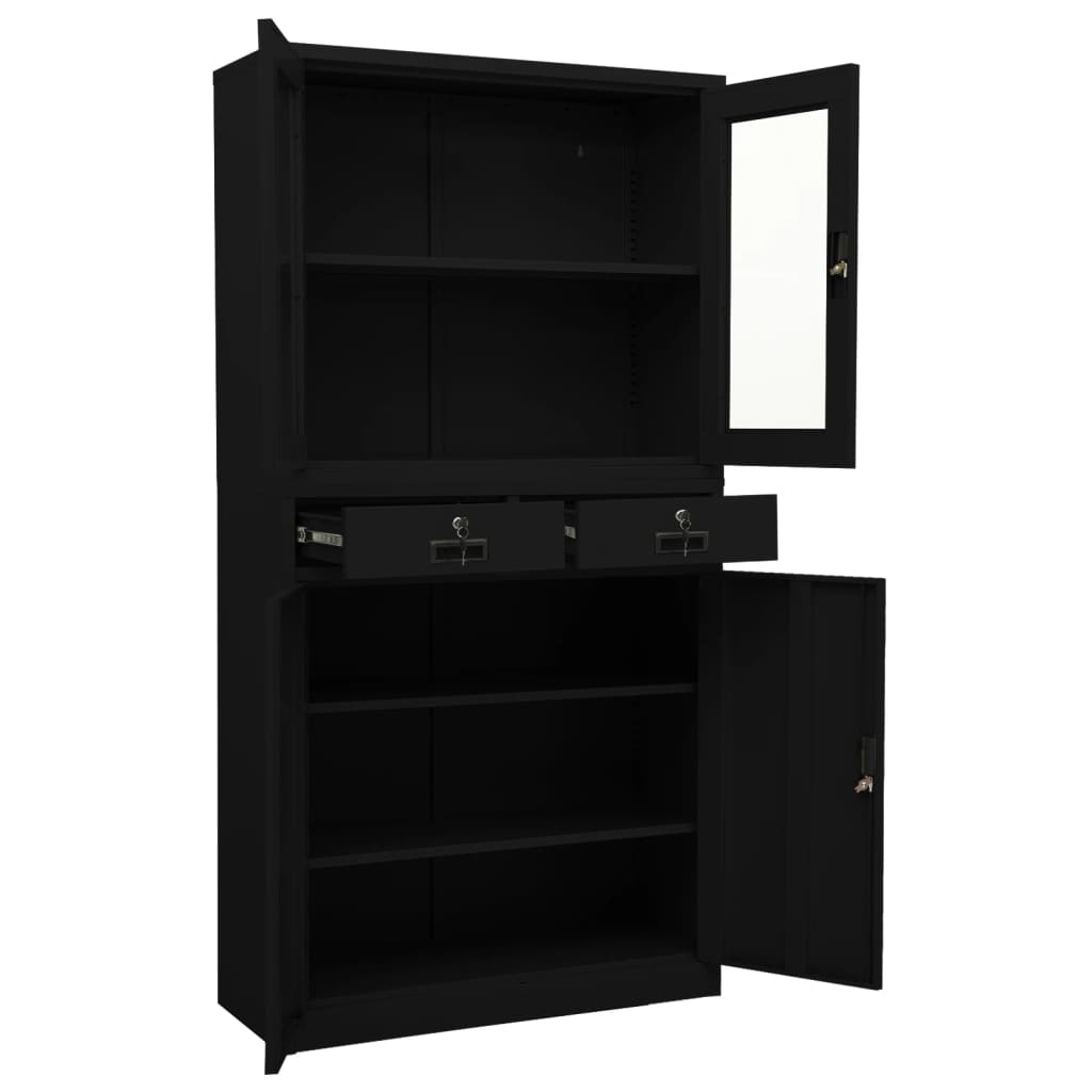 Büroschrank Schwarz 90x40x180 cm Stahl und Hartglas