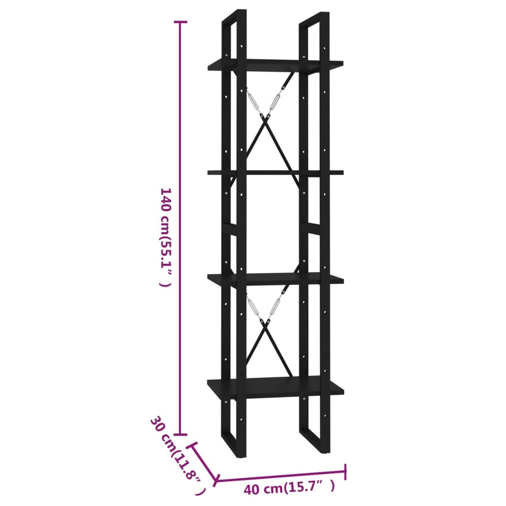 Bookcase 4 Compartments Black 40x30x140 cm Wood Material