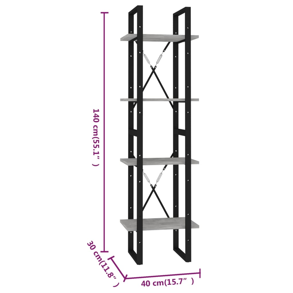 Bookcase 4 compartments concrete grey 40x30x140 cm wood material