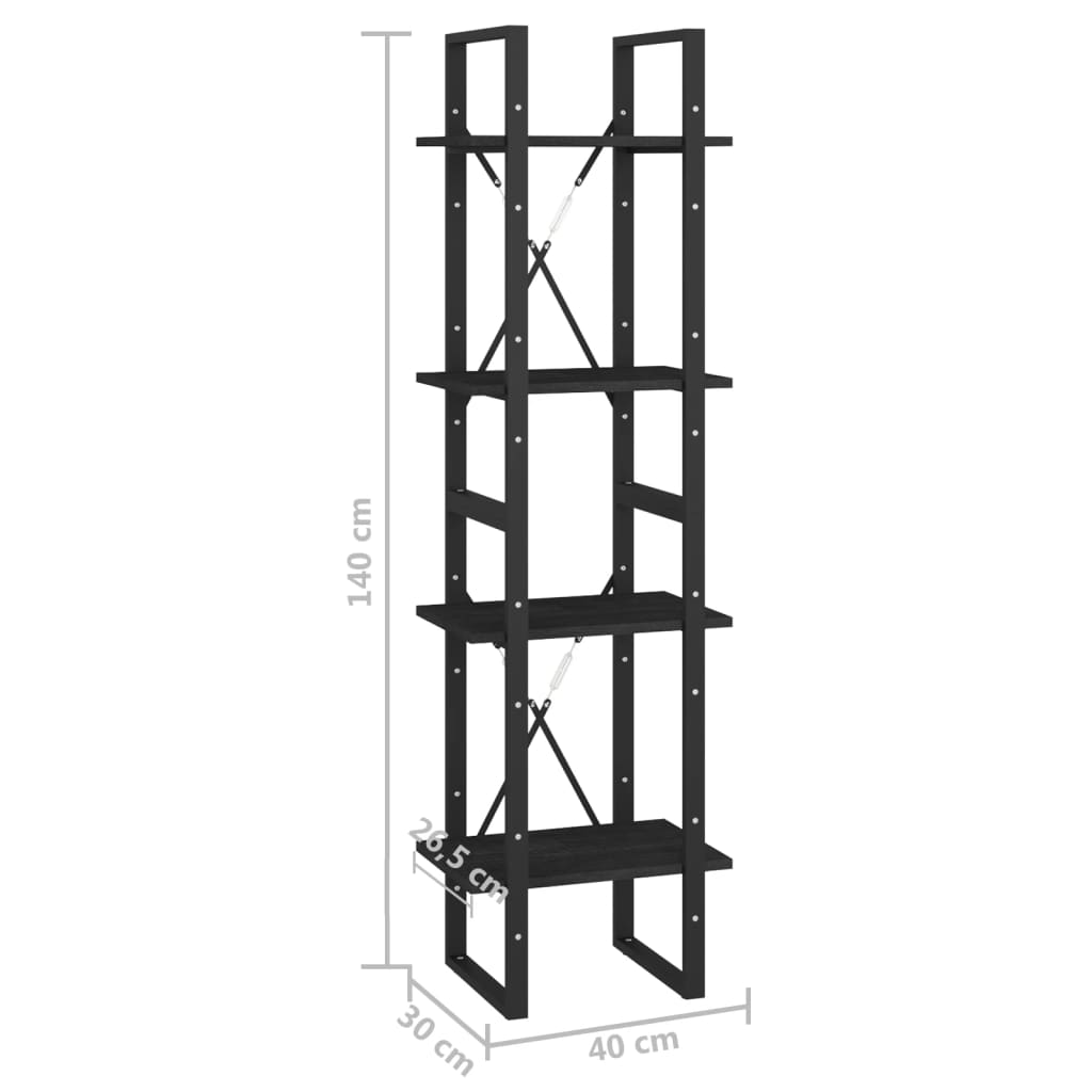 Bookcase 4 Shelves Black 40x30x140 cm Solid Pine