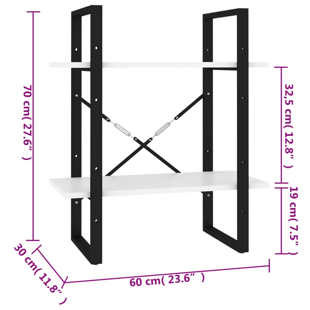 Bücherregal 2 Fächer Weiß 60x30x70 cm Holzwerkstoff