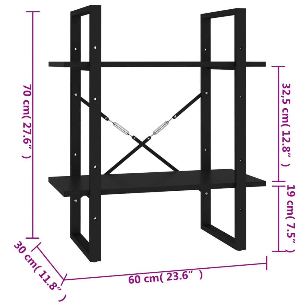 Bookcase 2 Compartments Black 60x30x70 cm Wood Material