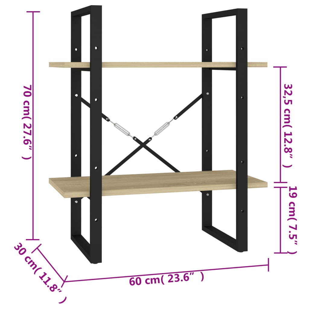 Bookcase 2 compartments Sonoma oak 60x30x70 cm wood material