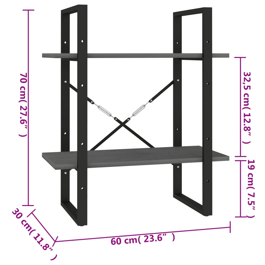 Bookcase 2 Shelves Grey 60x30x70 cm Solid Pine