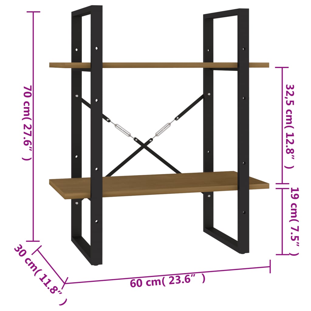 Bookcase 2 shelves honey brown 60x30x70 cm solid pine