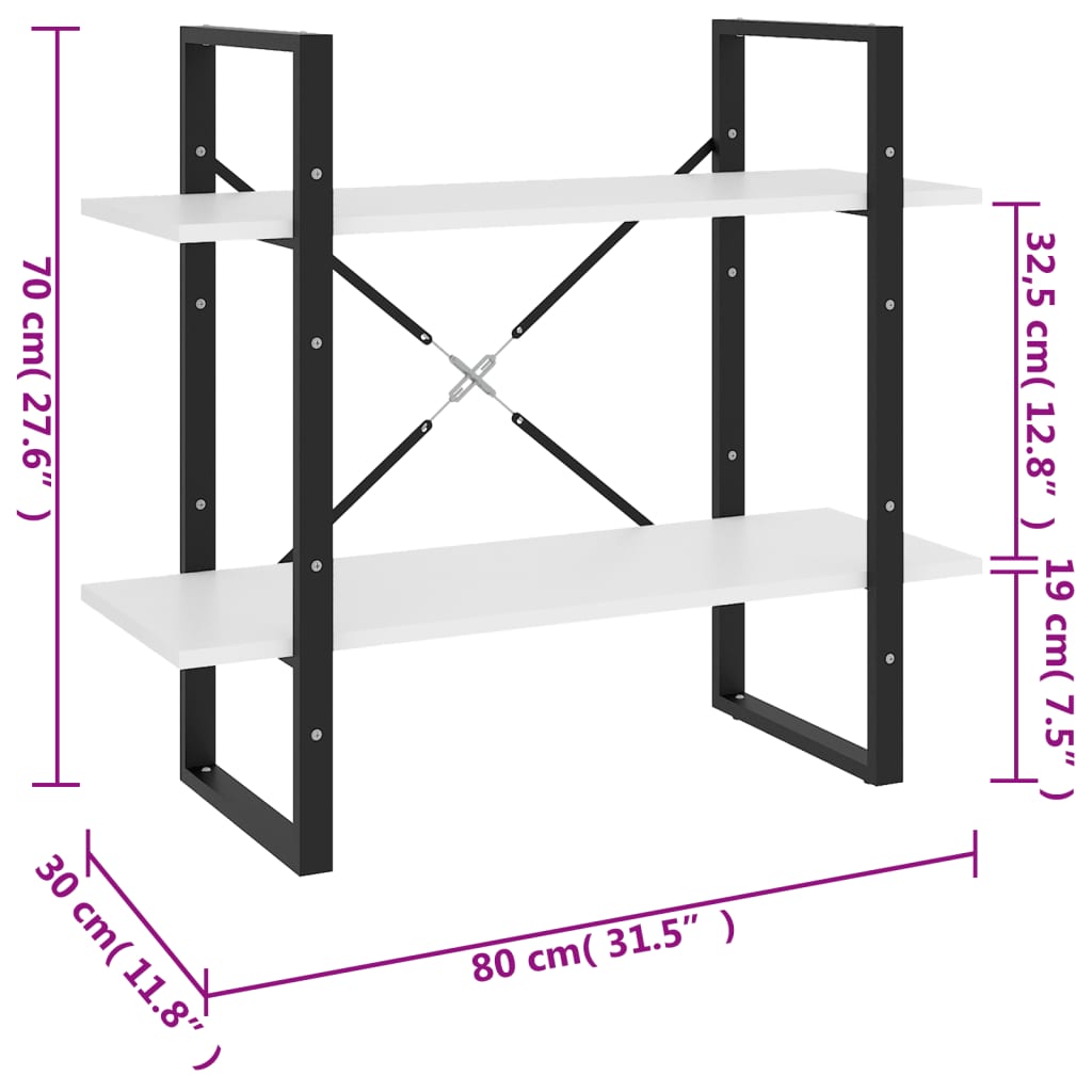 Bookcase 2 Compartments White 80x30x70 cm Wood Material