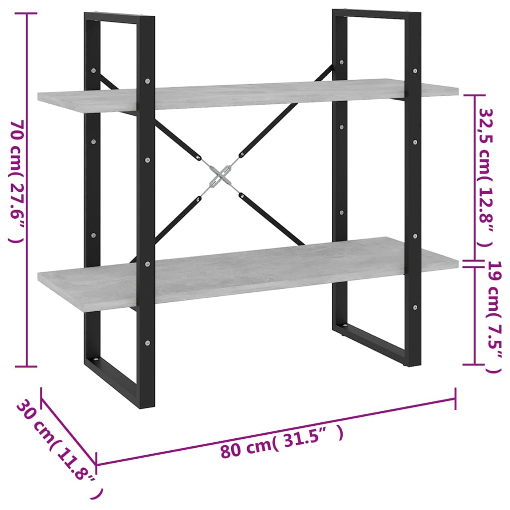 Bookcase 2 compartments concrete grey 80x30x70 cm wood material