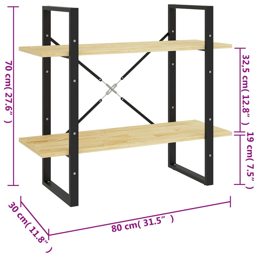 Bookcase 2 shelves 80x30x70 cm solid pine wood