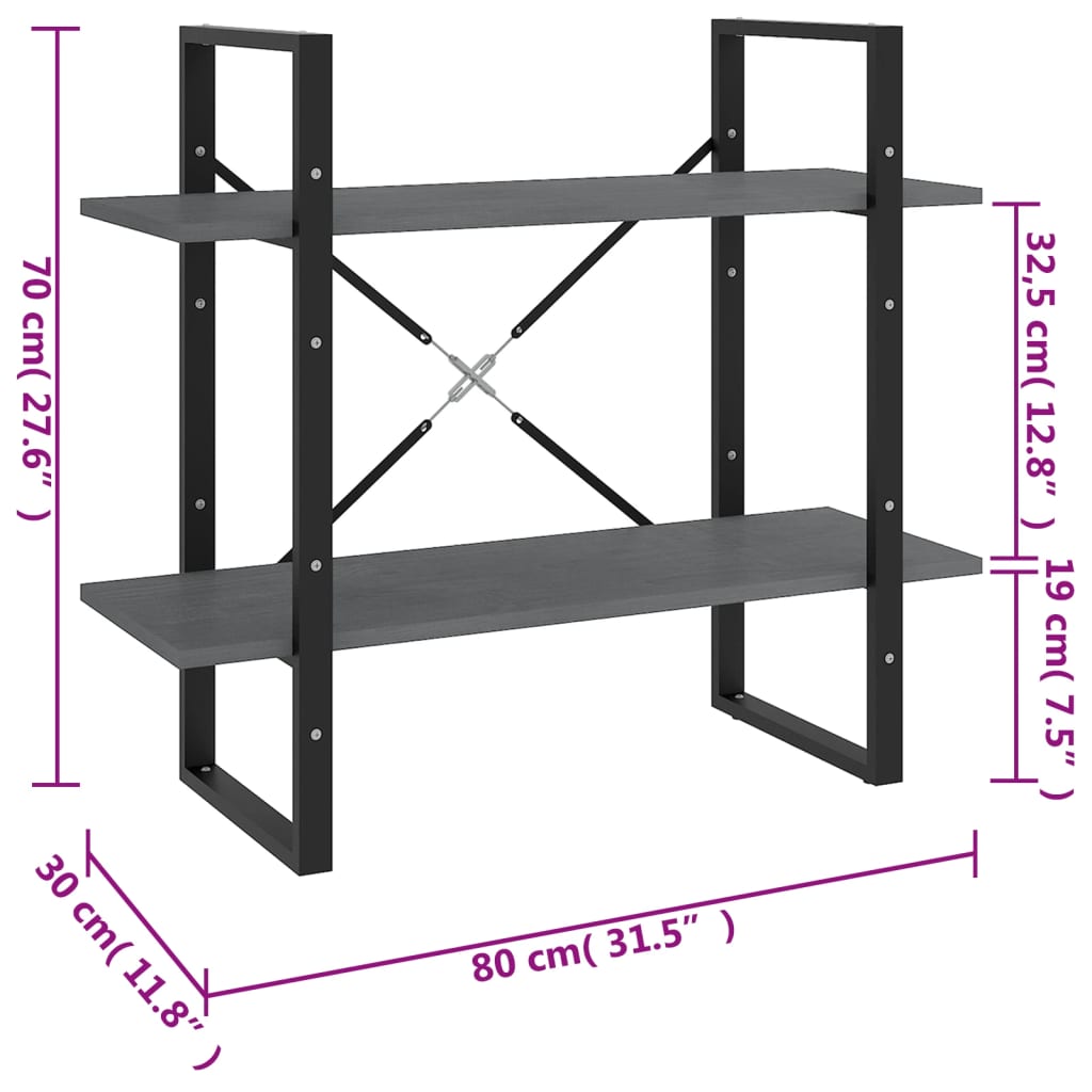 Bookcase 2 Shelves Grey 80x30x70 cm Solid Pine