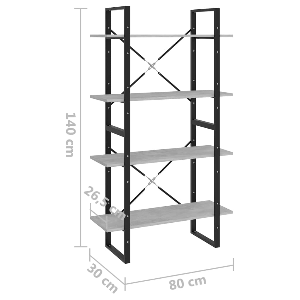 Bücherregal 4 Fächer Betongrau 80x30x140 cm Holzwerkstoff