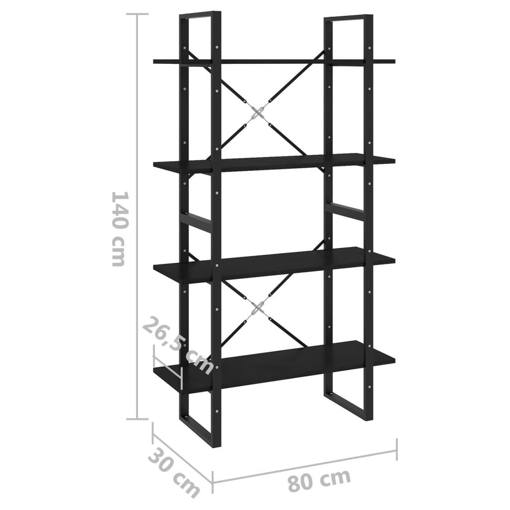 Bookcase 4 Shelves Black 80x30x140 cm Solid Pine