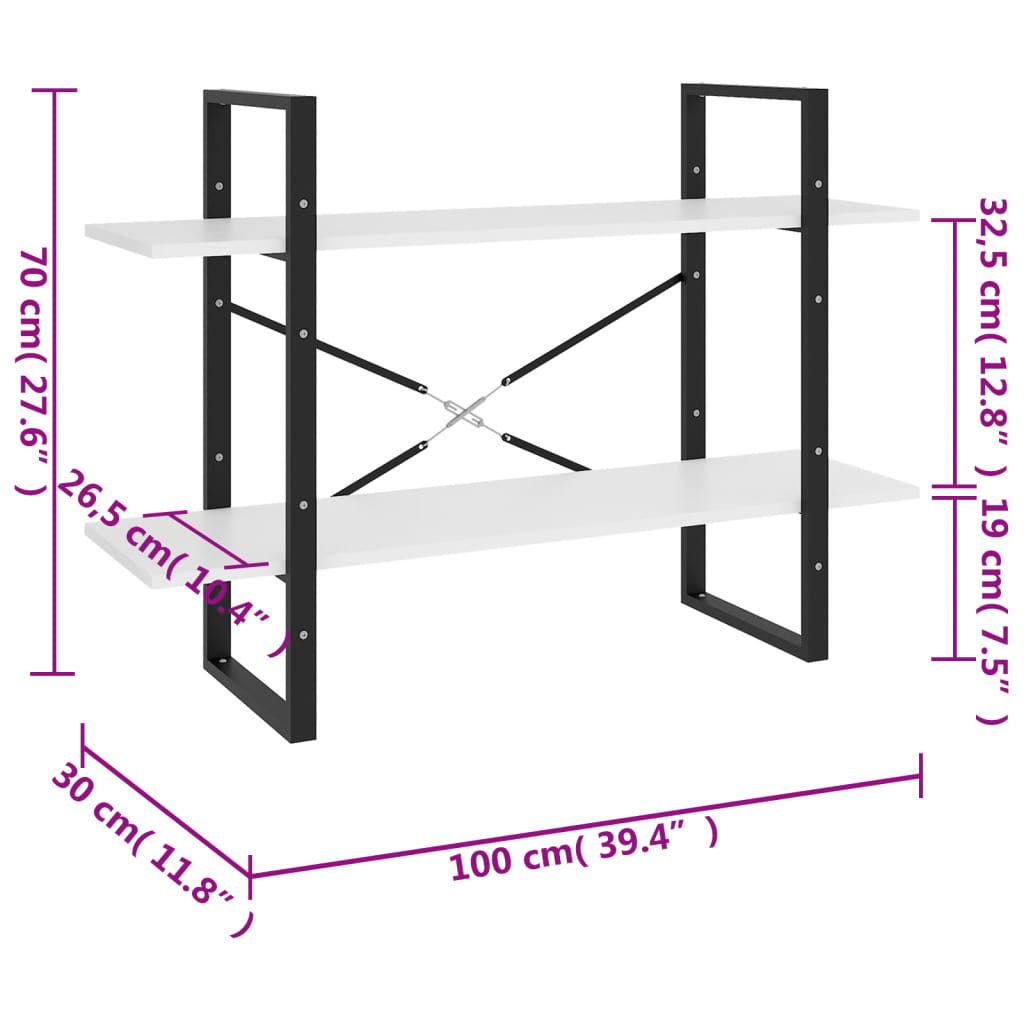 Bookcase 2 Compartments White 100x30x70 cm Wood Material